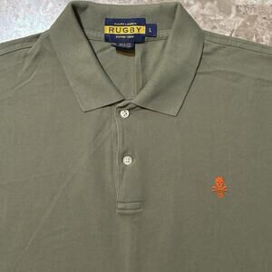 Ralph Lauren Rugby Polo Shirt Mens Large Olive Green Pique Mesh Skull Crossbones